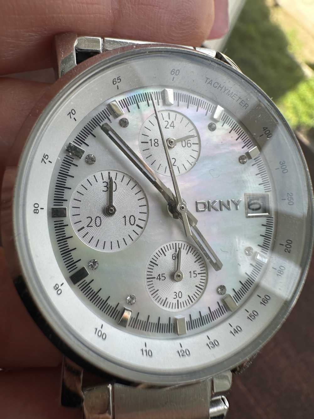 DKNY Silver Stainless Steel Chronograph with Mother-of-Pearl Dial